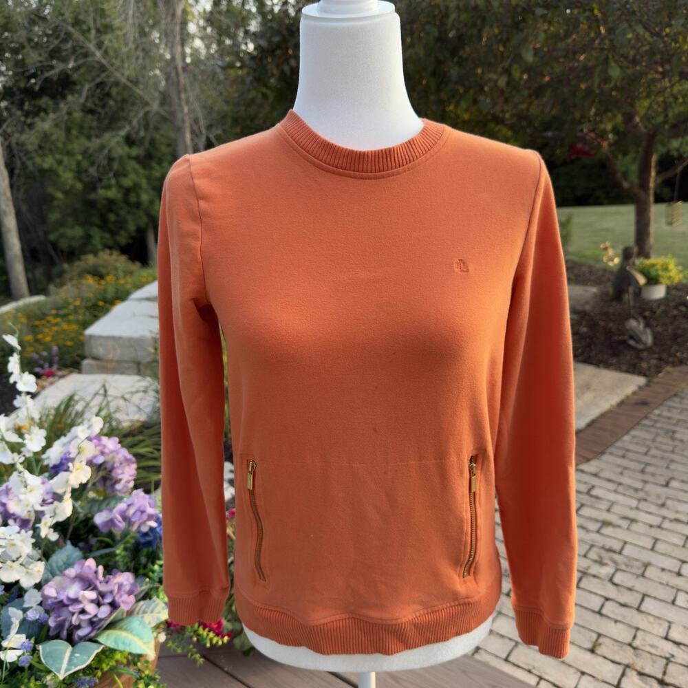 Lauren Ralph Lauren Women's Soft Orange Crewneck Sweatshirt Gold Zip Pockets S